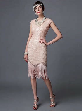 盖茨比服装外贸亮片欧美爆款女装复古连衣裙1920舞会宴会礼服圆领