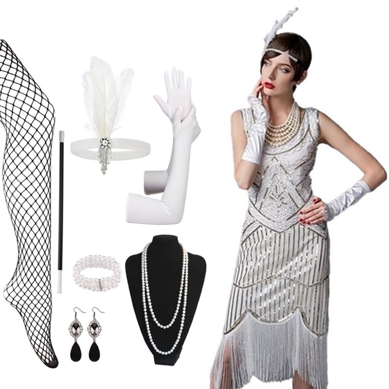 1920S复古亮片连衣裙女士盖茨比晚宴会礼服羽毛头饰项链八件套装