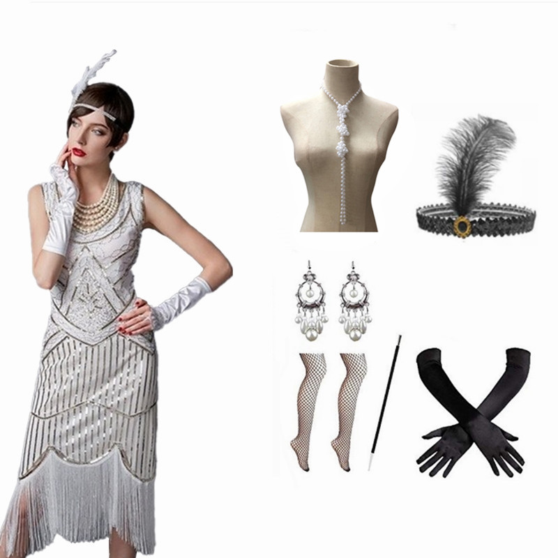 新款亚马逊爆款1920s复古舞会派对晚礼服手工订珠亮片流苏连衣裙