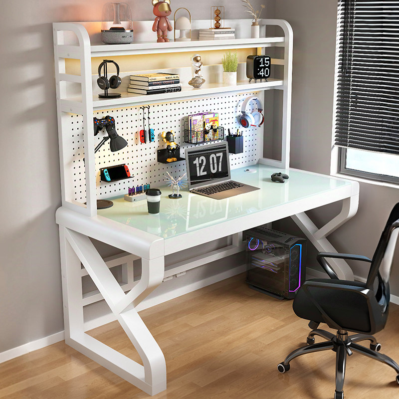 电脑桌钢化玻璃工作台电竞桌台式卧室家用办公桌书桌书架一体桌子