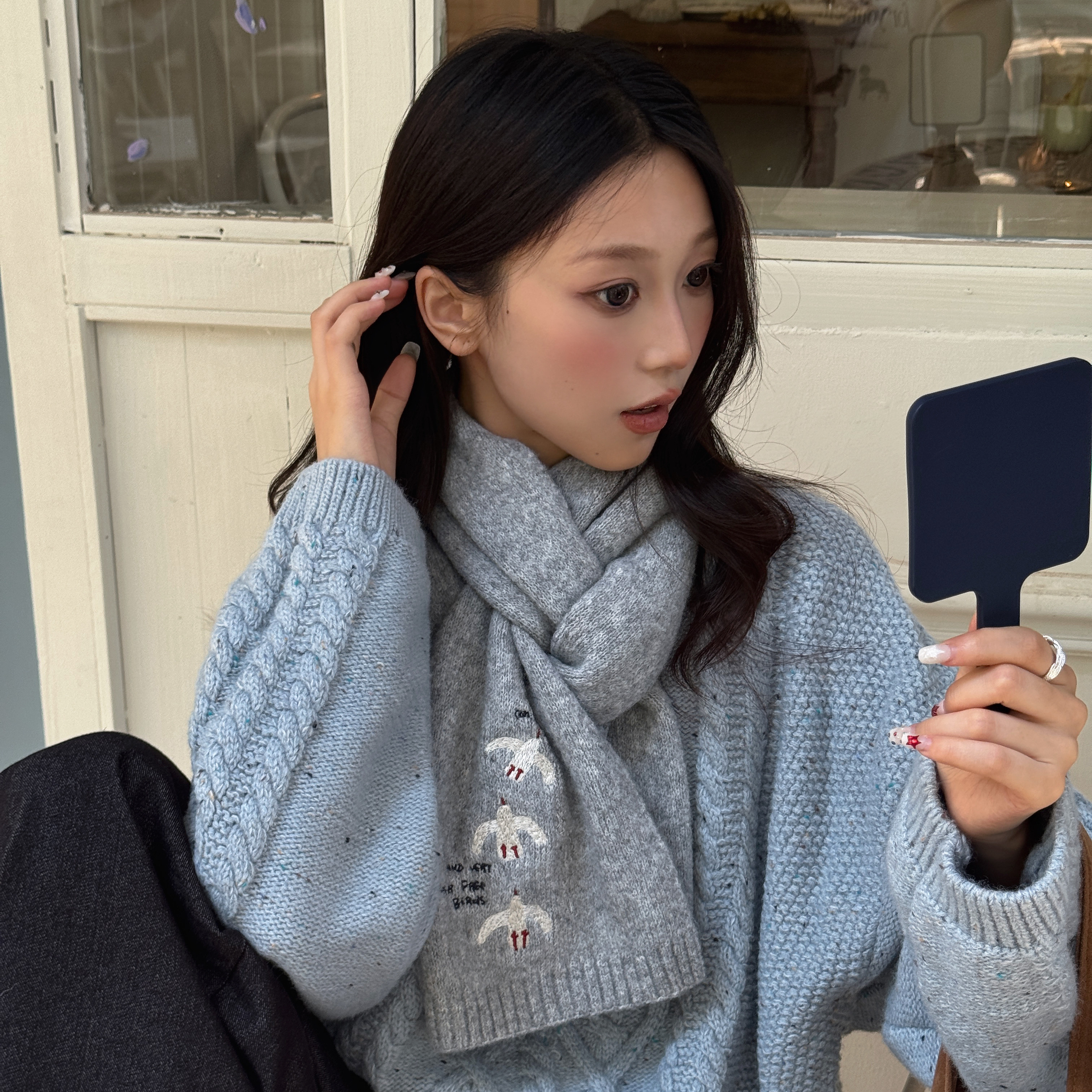 三只白鹤～韩系卡通刺绣针织围巾女冬季保暖百搭休闲学生毛线围脖