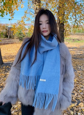 Carrier 出口韩国～九尾同款天蓝色流苏羊毛围巾保暖亲肤情侣围脖