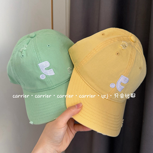 Carrier 韩国RR同款纯棉水洗做旧棒球帽破洞刺绣加大加深显白帽子