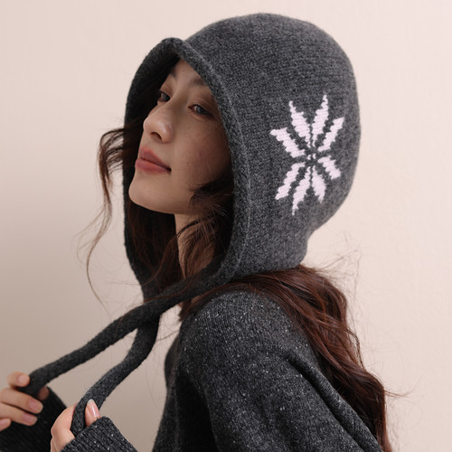 100%绵羊毛～韩系高端轻奢雪花飘带拉法帽女冬季氛围感保暖针织帽