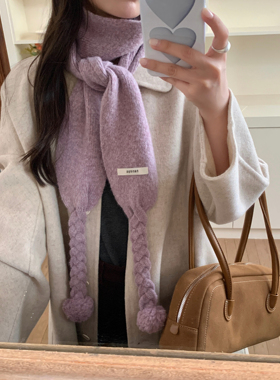 Carrier 辫子毛球～韩系氛围感纯色针织围巾女秋冬保暖护颈围脖潮