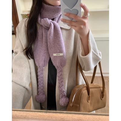 Carrier 辫子毛球～韩系氛围感纯色针织围巾女秋冬保暖护颈围脖潮