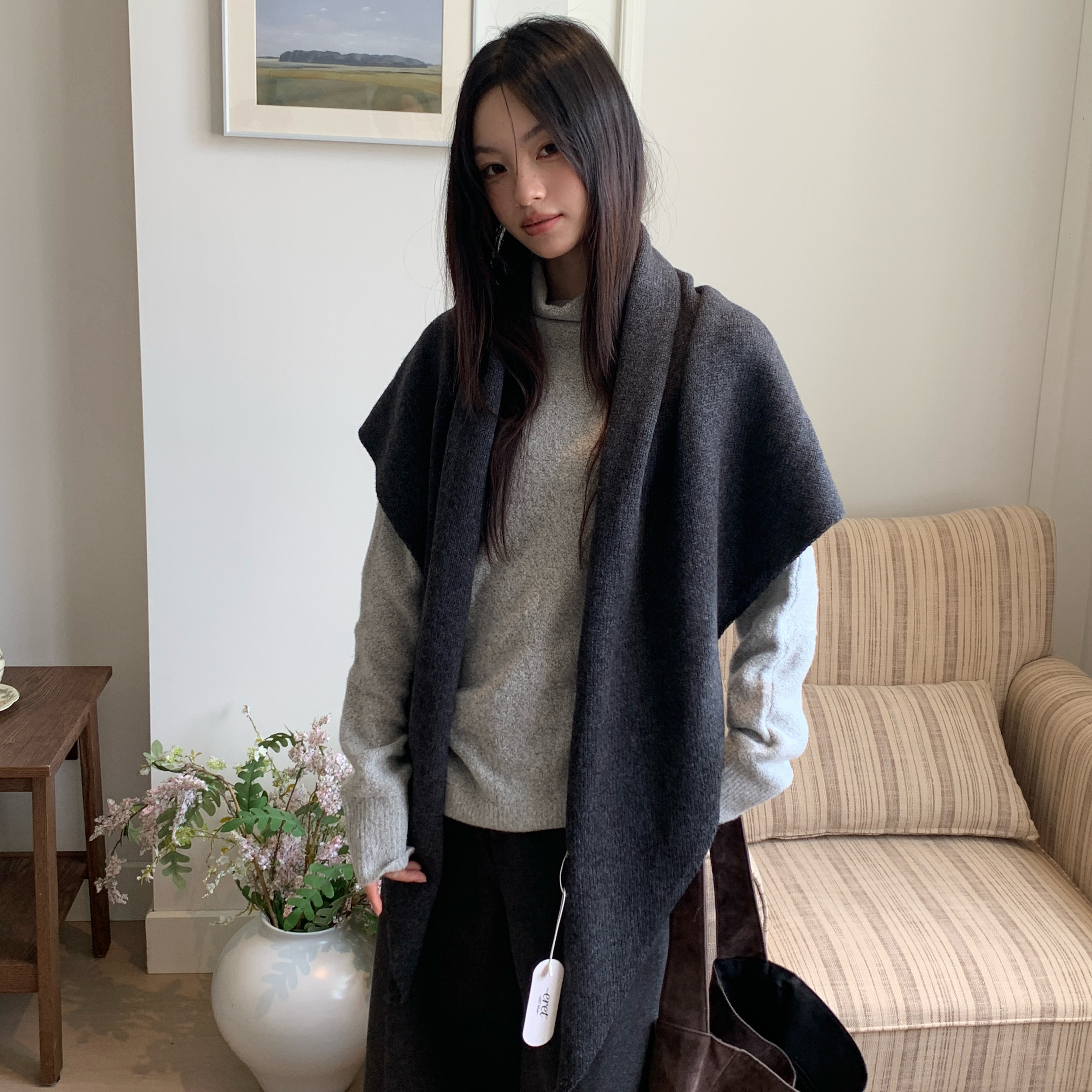 轻奢超大版100%绵羊毛～韩系文艺气质平板三角巾居家外搭保暖披肩