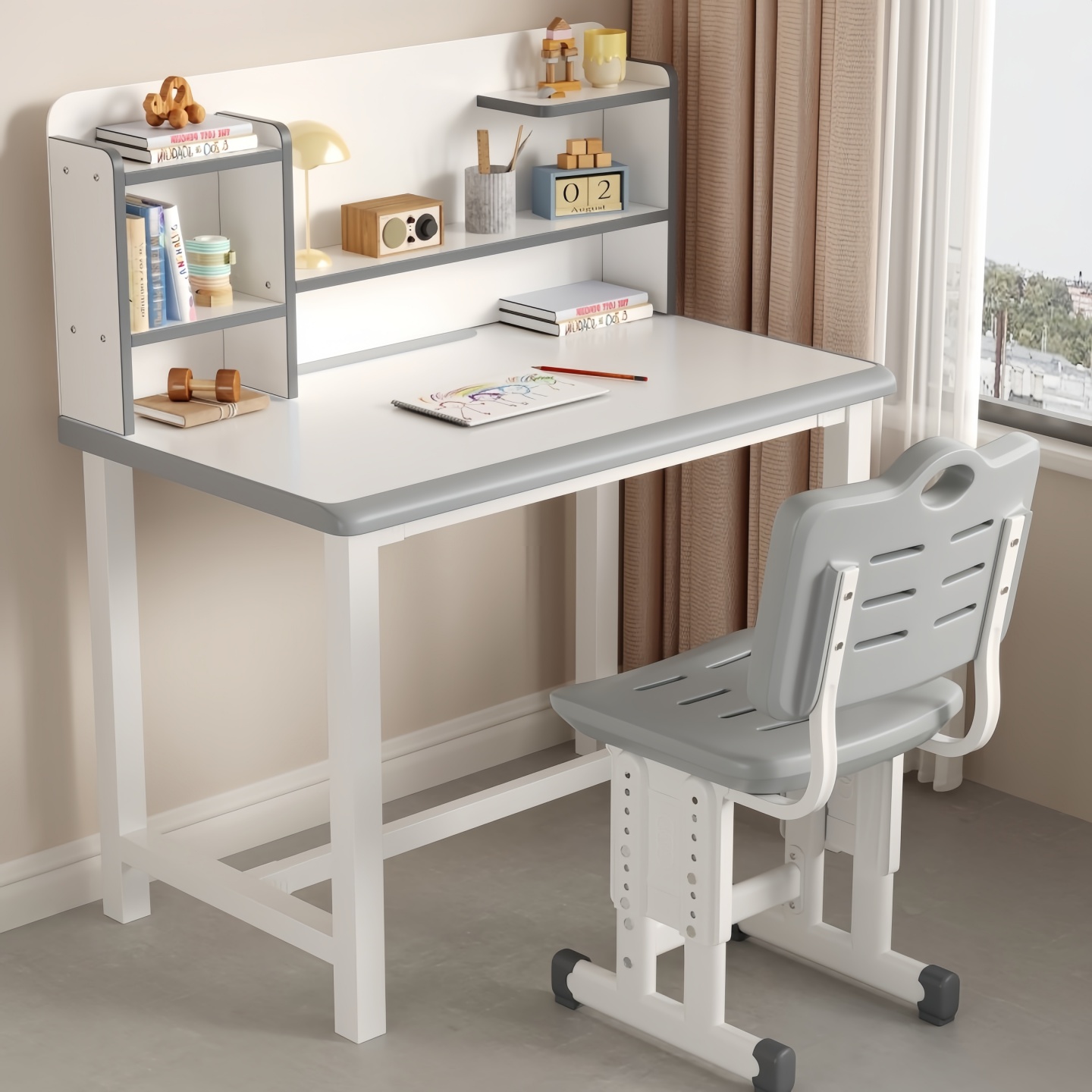 家用儿童写字桌带书架可升降桌椅