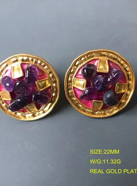 耳饰真金琉璃耳钉宝石树叶花朵耳夹电镀珐琅釉金雾面系列银针彩色