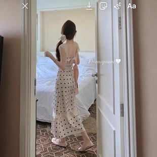 甜美收腰显瘦气质吊带长裙 纯欲蕾丝花边露背波点方领连衣裙女夏季