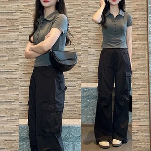 显瘦气质翻领别致上衣 美式 正肩灰色polo领短袖 T恤女夏季 纯棉修身
