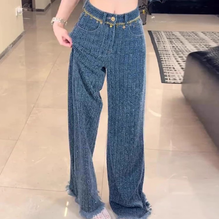 蓝色提花牛仔裤女2025早秋流行新款高腰时尚显瘦百搭毛边阔腿裤子