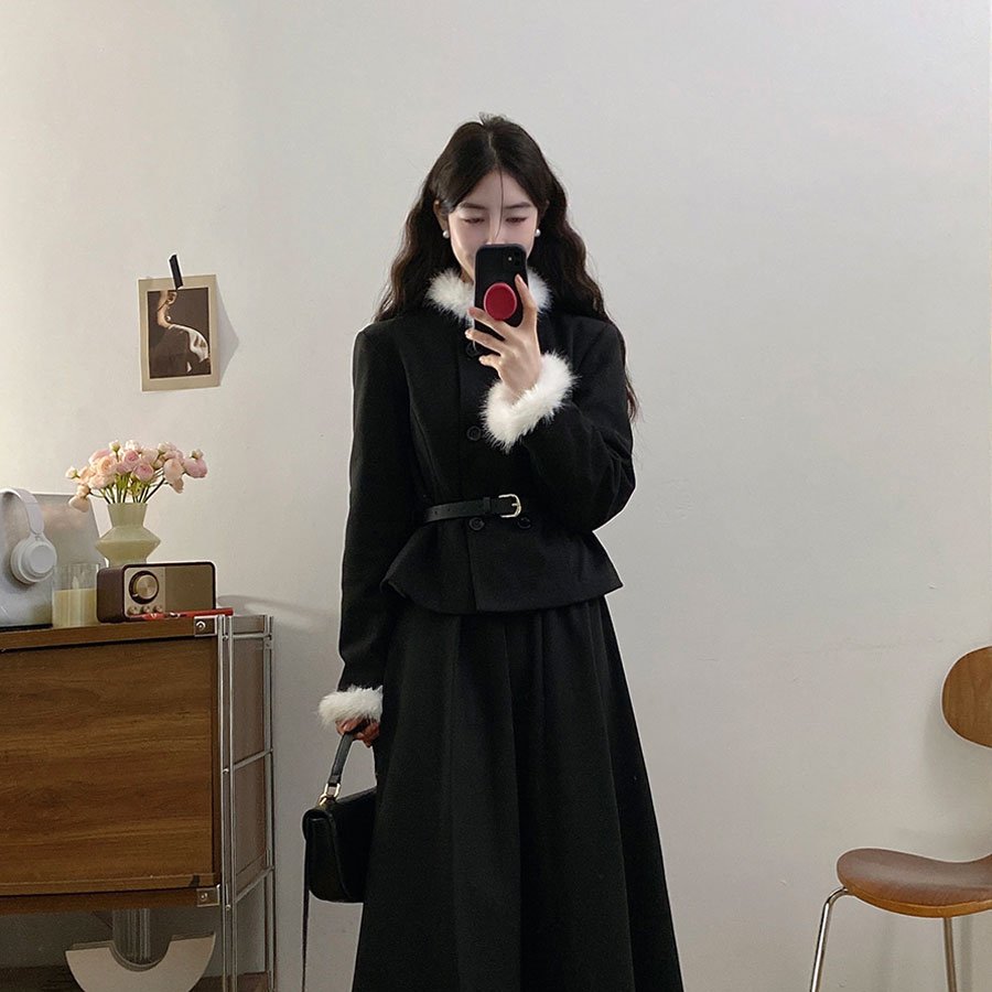 实拍2000套小香风千金感外套百褶半身裙女胖MM藏肉显瘦两件套