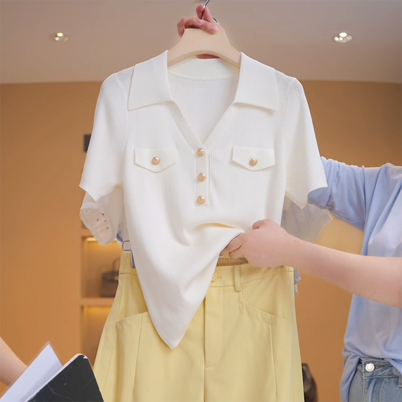 Polo领金扣冰丝短袖t恤女士夏季