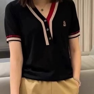 针织衫 v领高级时尚 显瘦薄款 百搭上衣女2025年夏季 撞色休闲T恤 新款