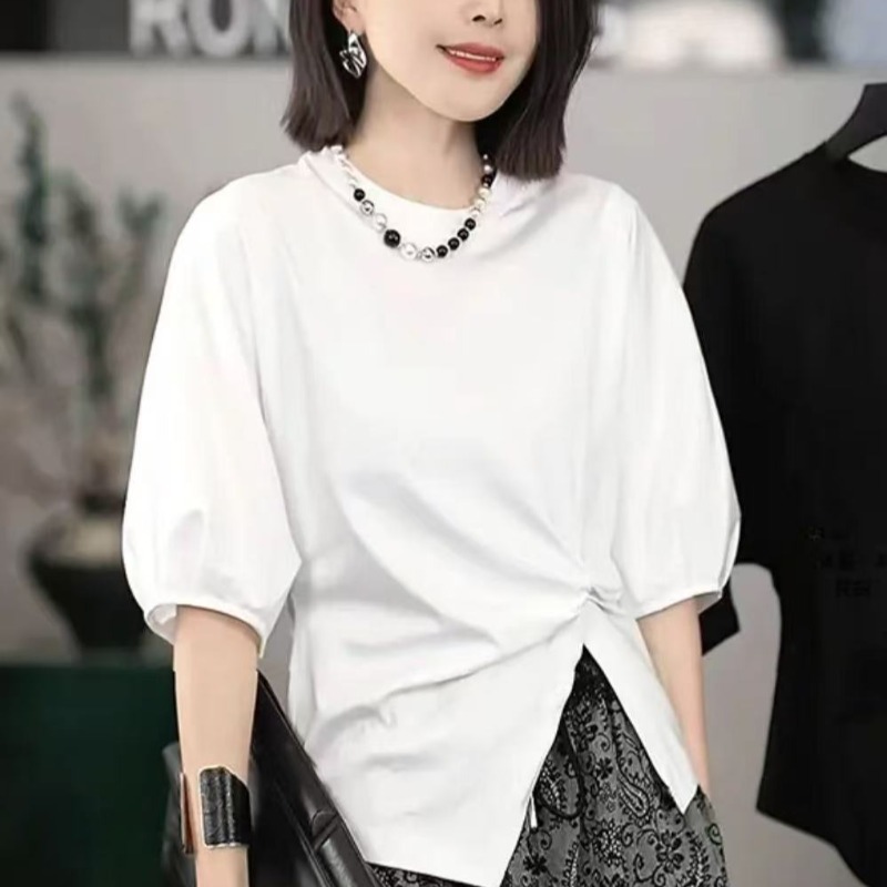 不规则短袖T恤女2025夏季新款小众设计感白色遮肚子显瘦时尚上衣
