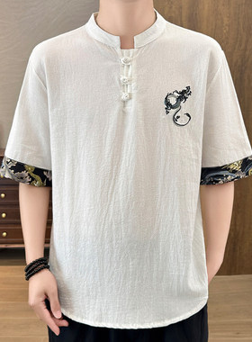 中式亚麻短袖t恤男复古汉服棉麻刺绣中国风宽松大码五分袖上衣