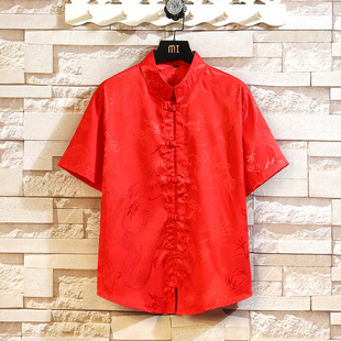 中国风男装龙纹印花唐装红色衬衫男士夏季薄款短袖绸缎感中山外套