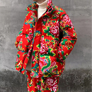 外套网红情侣潮牌棉服 新年战袍加厚棉衣裤 东北大花棉袄套装 男冬季