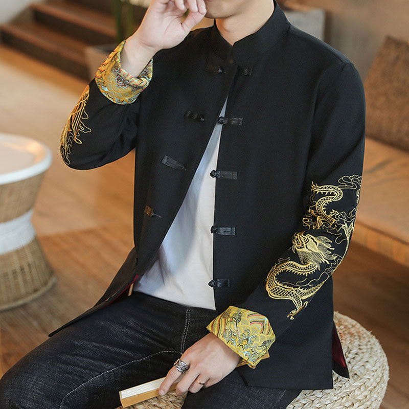 中国风龙袍唐装男士外套春秋季新款复古盘扣龙纹刺绣汉服棉麻夹克