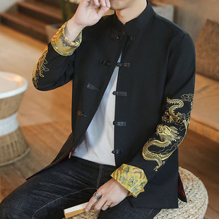 中国风龙袍唐装男士外套春秋季新款复古盘扣龙纹刺绣汉服棉麻夹克
