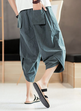 七分裤男夏民族中国风亚麻宽松休闲裤加肥加大码潮流胖人灯笼裤