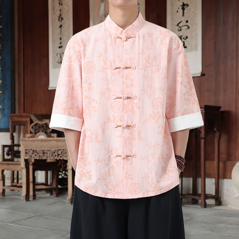 中国风竹叶暗纹短袖衬衫男夏季亚麻薄款新中式唐装大码设计感外套,男装,衬衫,淘宝优惠券,粉丝福利购,淘宝优惠卷