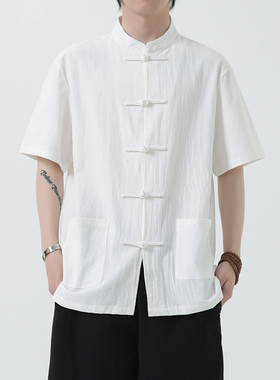 亚麻唐装男款中国风复古盘扣衬衫夏季棉麻上衣新中式青年短袖衬衣