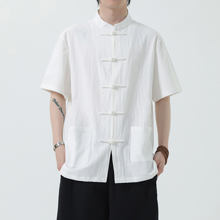 男款 青年短袖 中国风复古盘扣衬衫 棉麻上衣新中式 衬衣 夏季 亚麻唐装