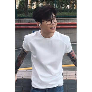 白色小领口修身T恤男款美式重磅收口袖短袖英伦雅痞正肩运动半袖