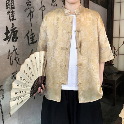 夏季男士冰丝透气短袖衬衫中国风立领盘扣新款大码提花新中式衬衣