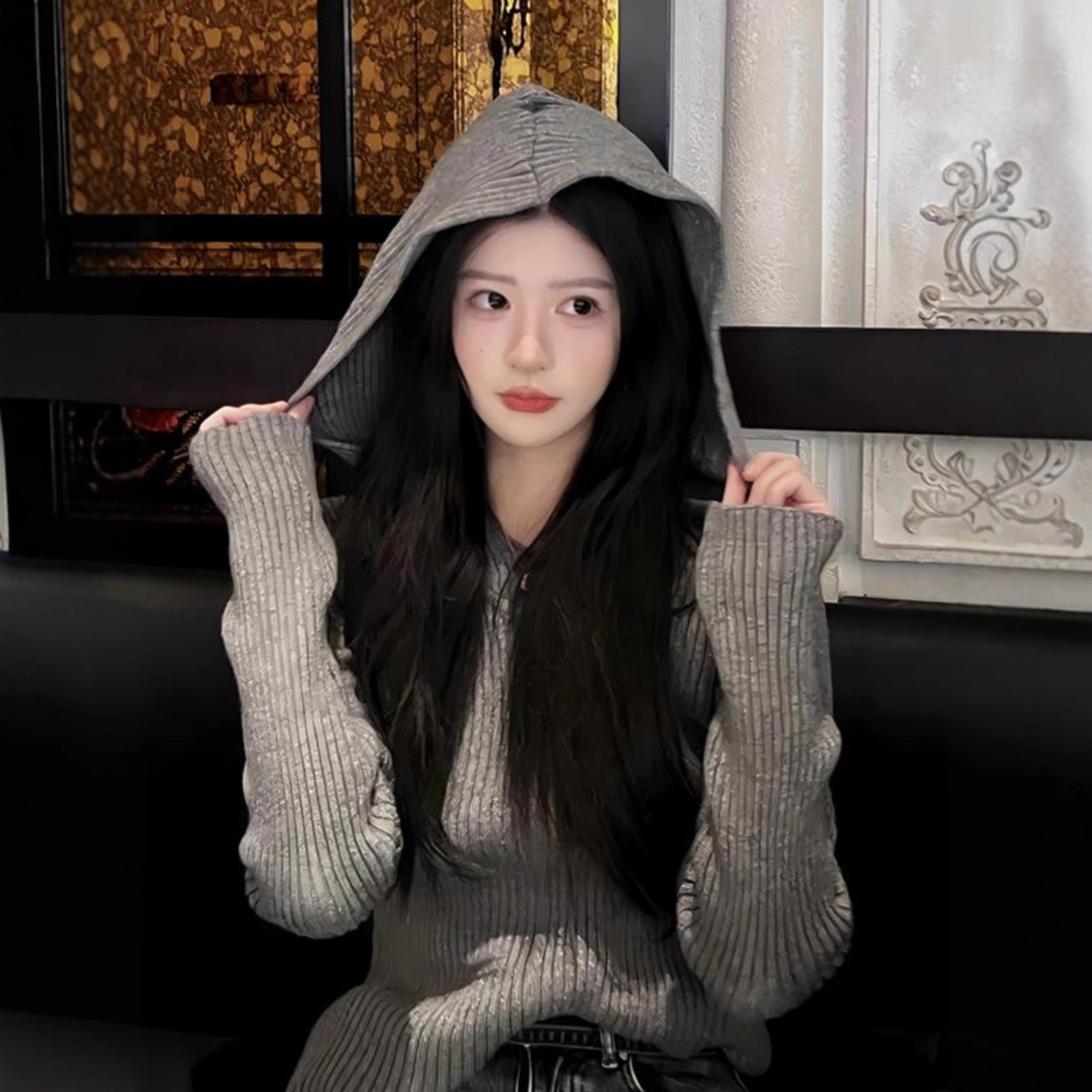 灰色连帽针织毛衣女秋冬内搭可外穿打底衫韩系慵懒高级感短款上衣