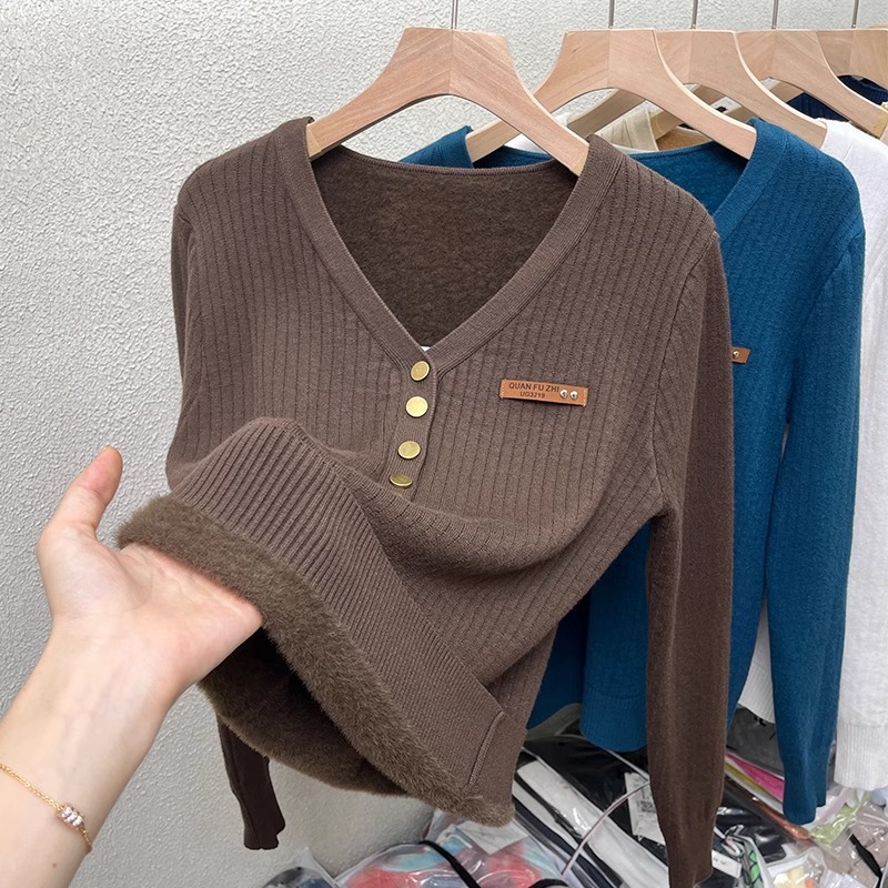 加绒加厚V领毛衣女一体绒爆款打底衫秋冬新款洋气保暖针织衫上衣