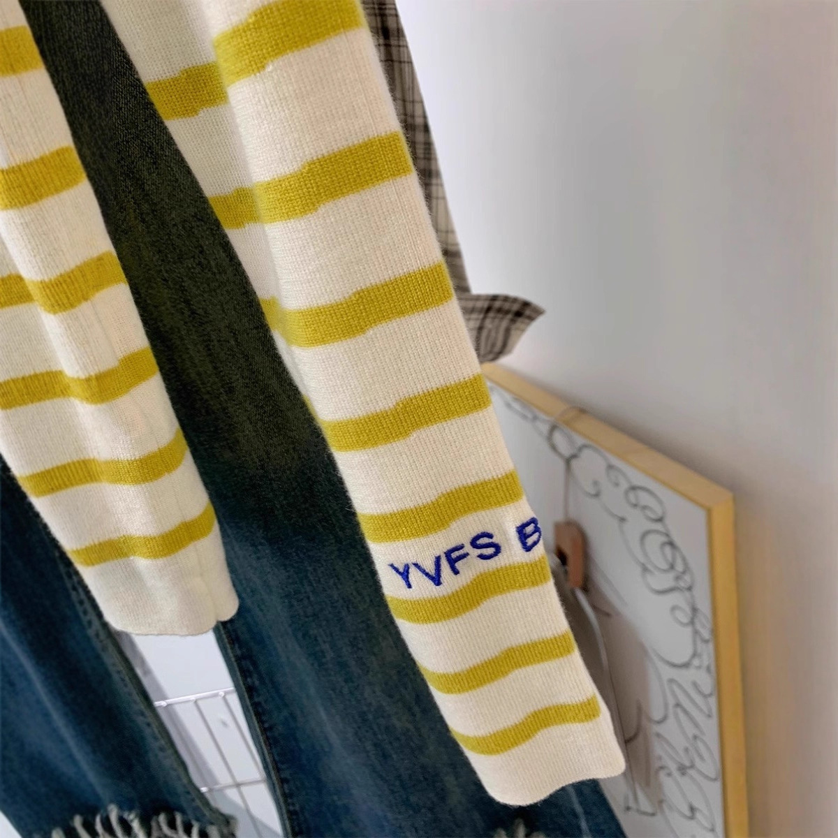 黄色爱心条纹针织长袖t恤女早春季设计感小众修身正肩上衣小个子