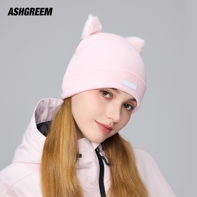 ASHGREEM猫耳针织套头帽女秋冬季保暖护耳大头围24新款猫耳毛线帽