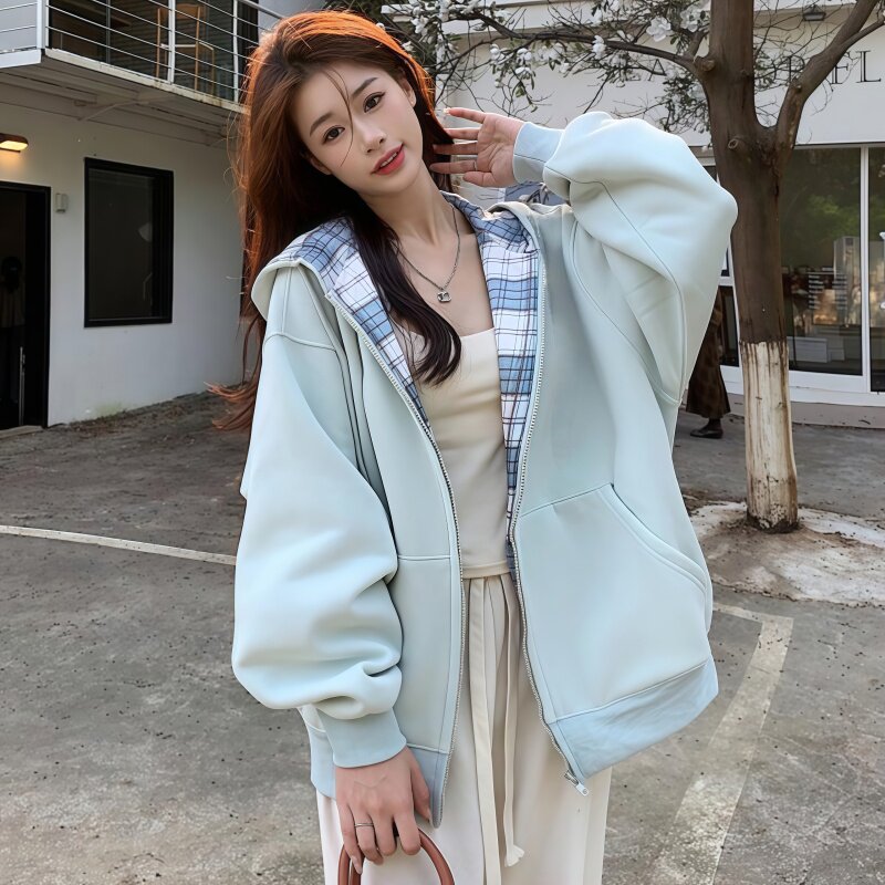 新款蓝色百搭复古连帽卫衣女款秋冬季小众设计感美式拼接情侣外套