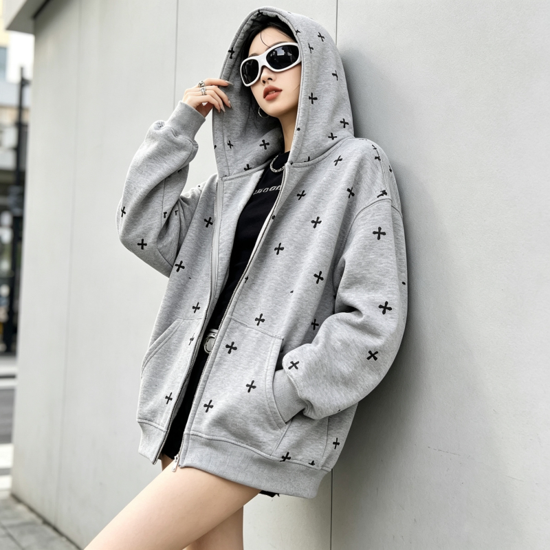 小众学院风印花连帽拉链开衫女宽松休闲卫衣清新韩系洋气长袖外套