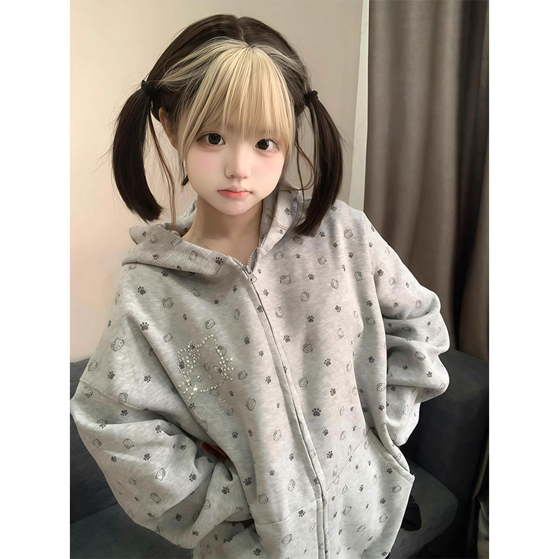 小众少女学生长袖外套拉链开衫卫衣女猫耳朵大码松弛感百搭学院风