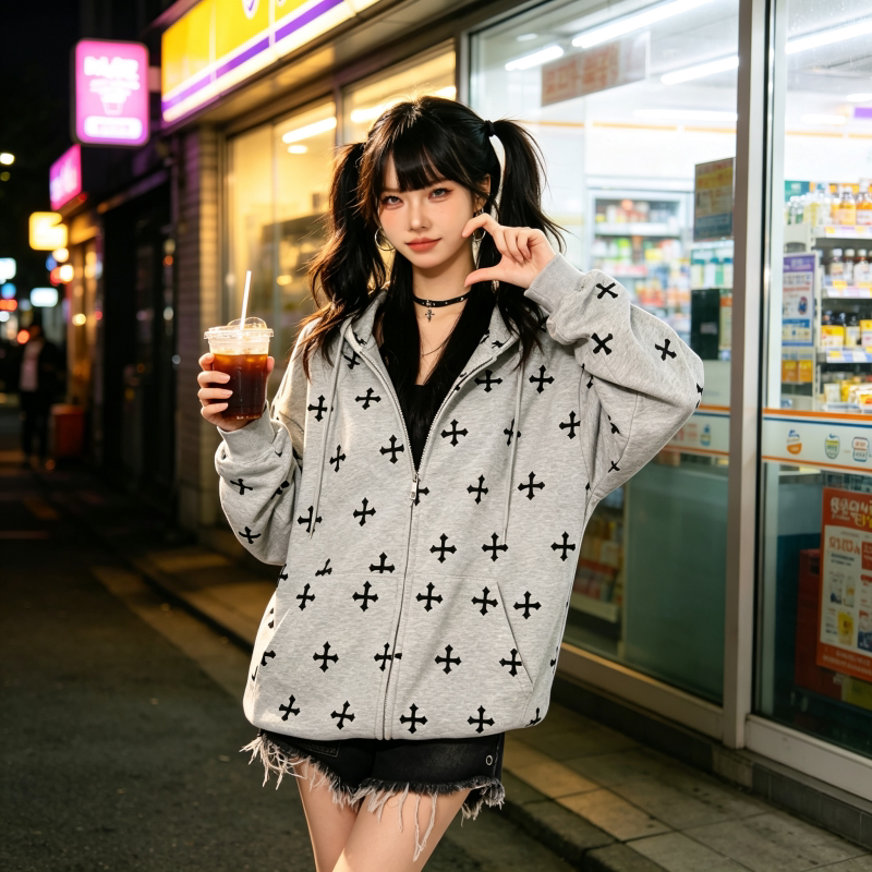 港风减龄设计感印花连帽拉链开衫女宽松休闲卫衣气质百搭长袖外套