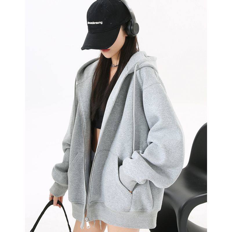 灰色卫衣连帽外套男女2026新款春秋款宽松显瘦开衫慵懒风流行上衣