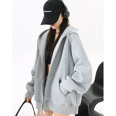 灰色卫衣连帽外套男女2024新款春秋款宽松显瘦开衫慵懒风流行上衣