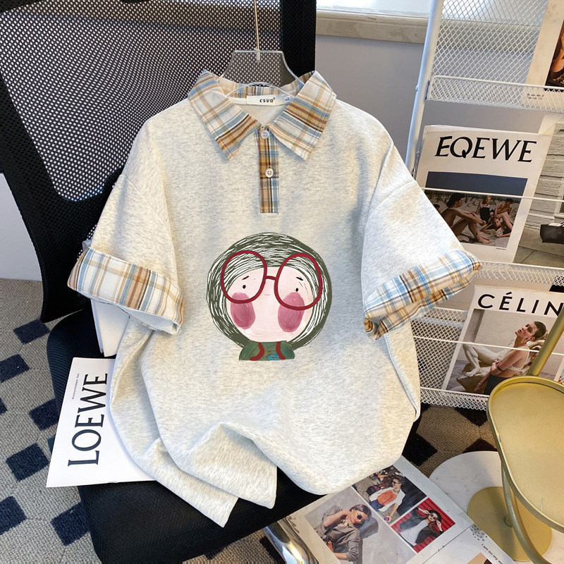 2026夏拼接格子宽松字母印花polo翻领短袖大码复古上衣新中式轻薄