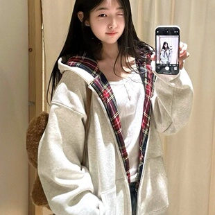 2026新款美式简约格子拼接设计连帽卫衣初秋韩版加绒加厚开衫外套