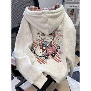 日系软妹减龄可爱凯蒂猫连帽卫衣女秋冬大码oversize加绒加厚外套