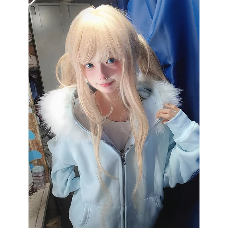 美式复古连帽拉链大码毛领卫衣女春秋冬宽松显瘦松弛感慵懒外套潮