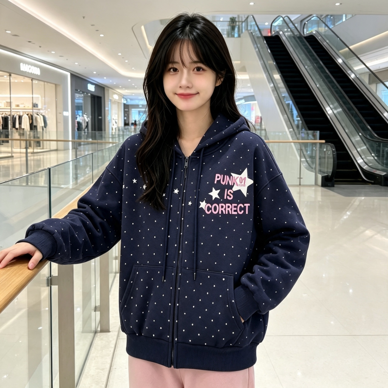 美式拉链外套女生秋冬季多巴胺印花潮牌韩版小众复古休闲宽松上衣