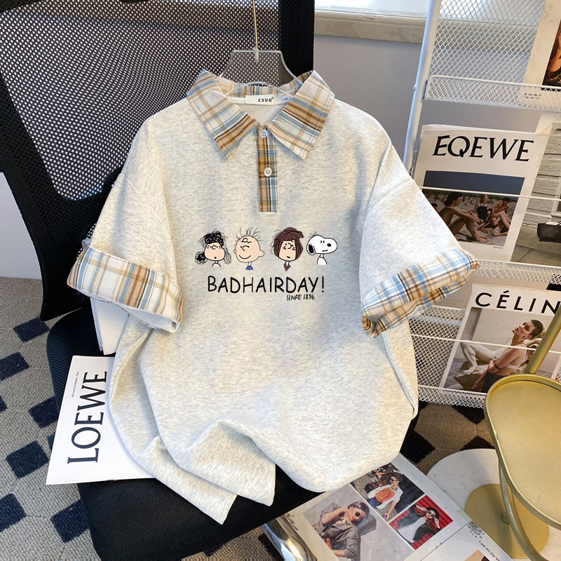 韩系美式复古拼接小众学院风夏季大码少女百搭短袖女款半袖POLO衫