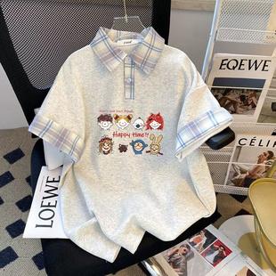 韩版拼接格子翻领小众显瘦夏季宽松百搭女款短袖POLO半袖T恤上衣