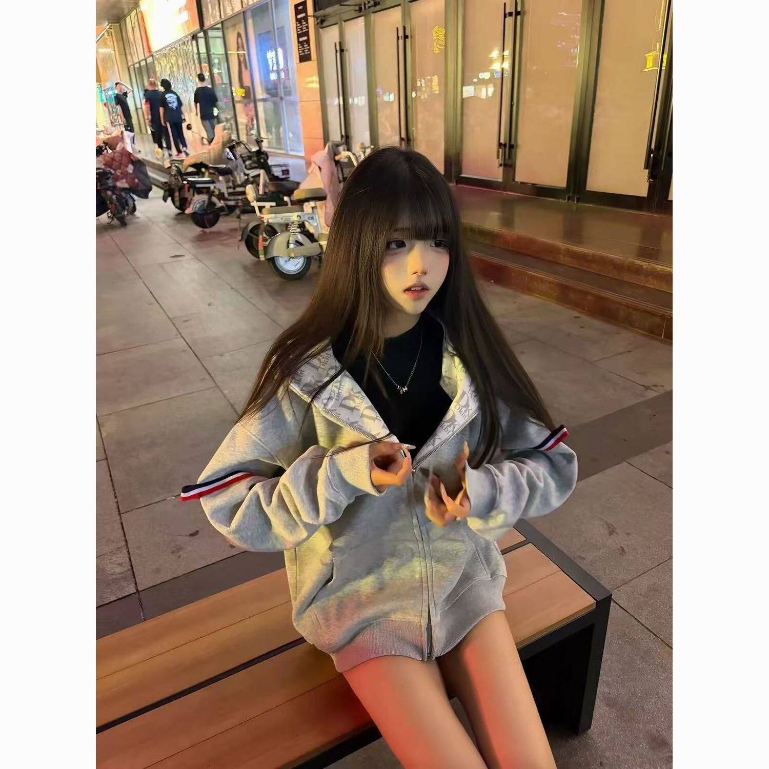 美式复古彩色织带连帽卫衣外套女2026秋季新款学生宽松开衫上衣潮