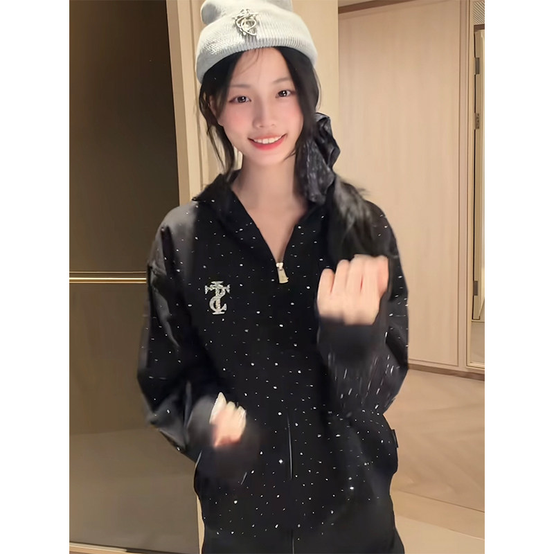 甜美风百搭黑色满天星烫钻连帽卫衣女宽松显瘦 chic 休闲长袖上衣
